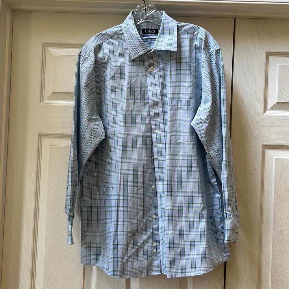 Chaps Casual Button down shirt, blue/green plaid, size 16 1/2, 32/33